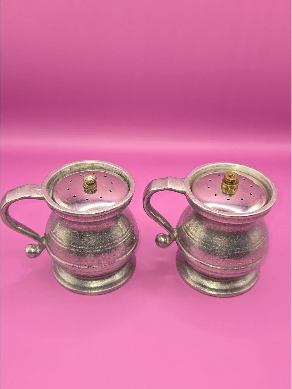 Vintage AMF USA Made Pewter Salt and Pepper Shakers Set with Handles